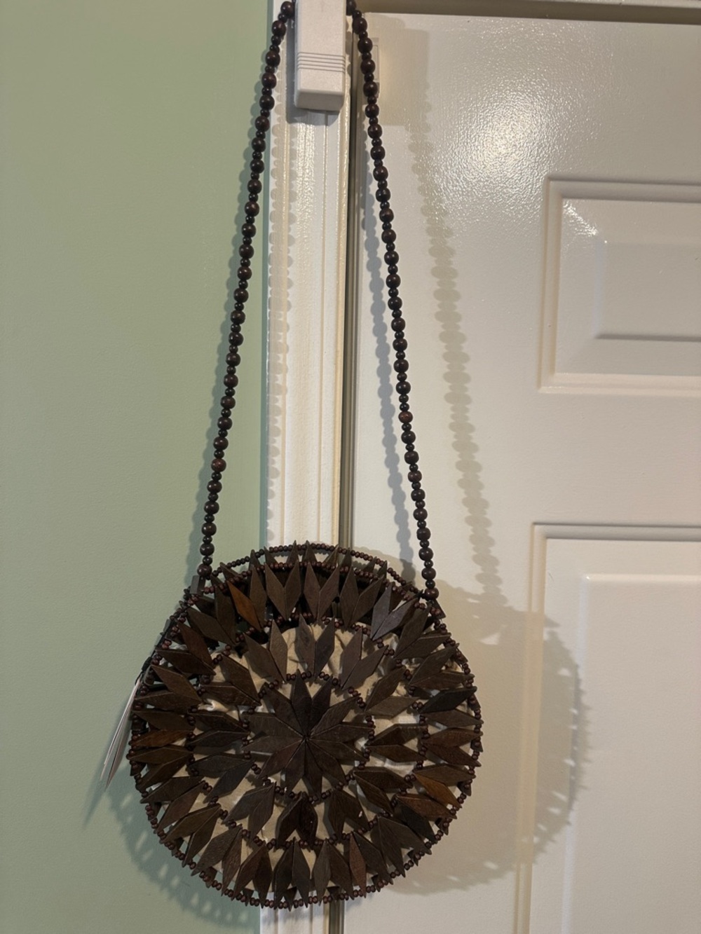 Round Woven Wooden Bead Crossbody Bag - Dark Brown